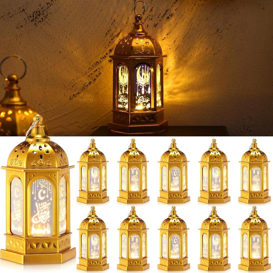 Threan 12 Pcs Ramadan Lantern Lights LED mini Eid Mubarak Lantern Gifts, Ramadan Decorations for Home Table Wall Eid Centerpieces Decor (Gold Moon Castle Meteor)