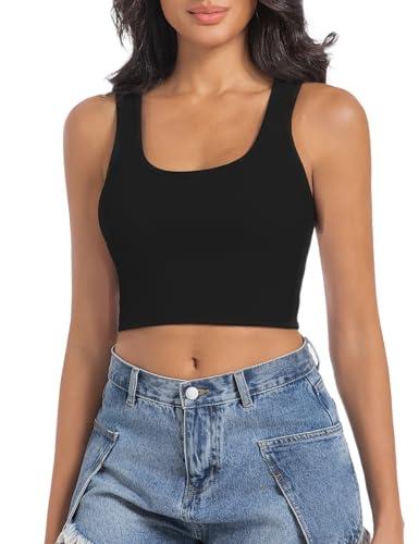 SanxiawaBa Women's Ribbed Tank Tops Soft Cotton Spandex Sleeveless Cami Crew Neck Stretchy Fitted Casual Summer Crop Tops Black XS