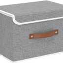 Yawinhe Collapsible Storage Bin, Cube Organizer Basket, Fabric Box with Lids, Washable and Leather Handle, for Home, Closet, Grey, 15.0''Lx9.8''Wx9.8''H, 1-Pack, USNK024GL-1
