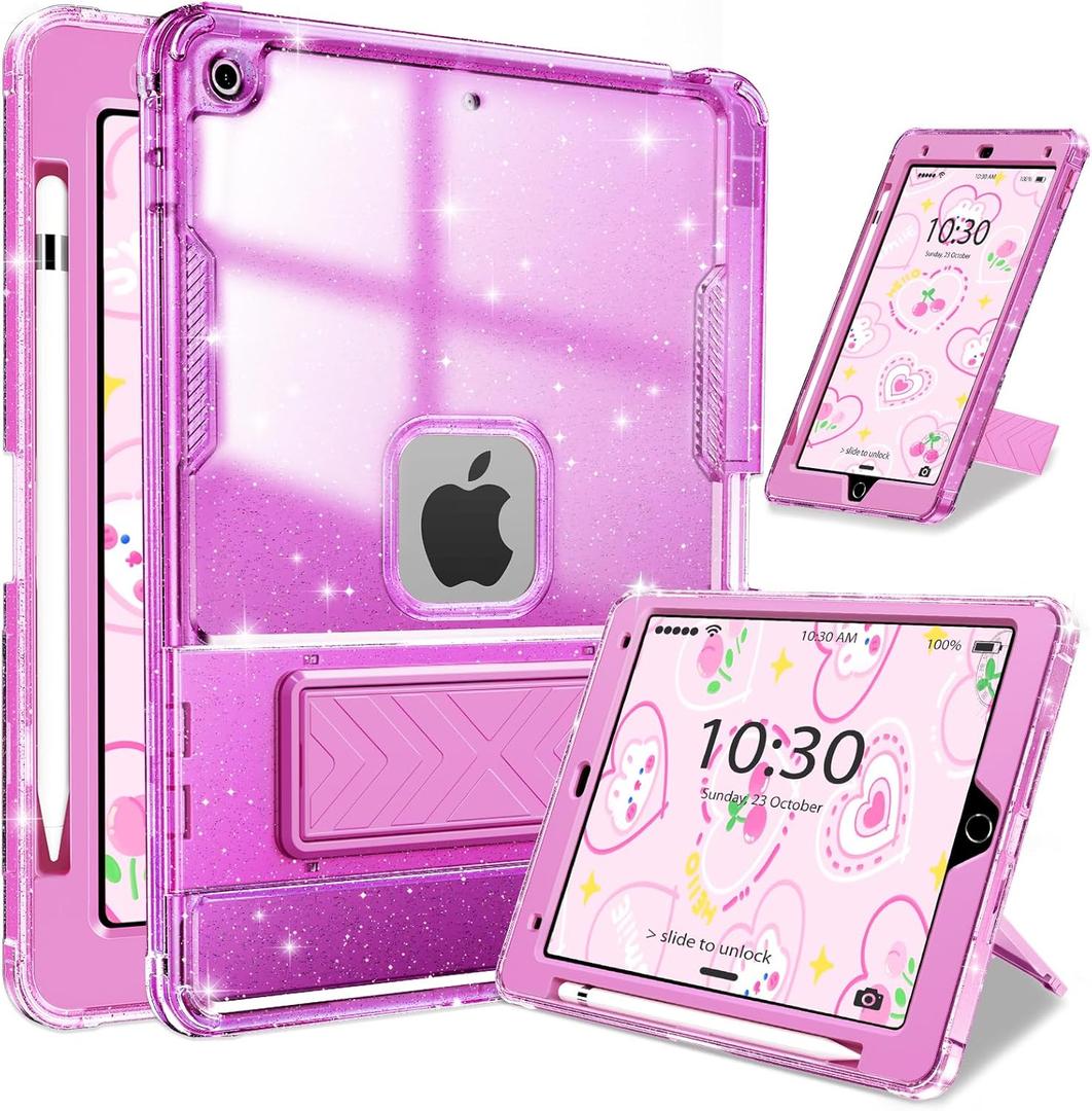 INFILAND Case for iPad 9th/8th/7th Generation 2021/2020/2019 10.2 inch Glitter Clear, Shockproof Protective Cute iPad 7/8/9 Gen Cover with Stand, Pencil Holder for Kids, Girls, Women (Purple)