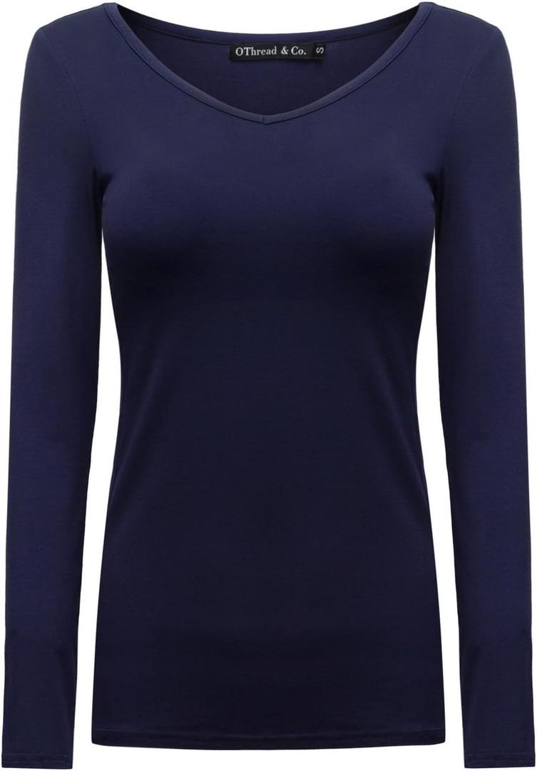 OThread & Co. Women's Long Sleeve T-Shirt V-Neck Basic Layer Stretchy Shirts, Size S