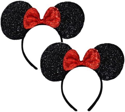 FANYITY Mouse Ears Headbands Sequin Hair Band for Girls Women Boys Party, 2 Pieces (RED)