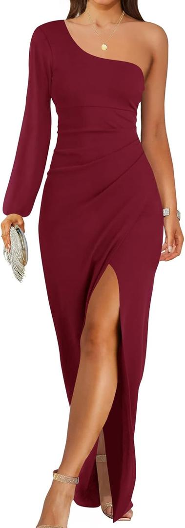 ZESICA Women's One Shoulder Long Sleeve Cocktail Dress Sexy High Slit Ruched Bodycon Wedding Guest Maxi Dresses (Medium, Wine Red)