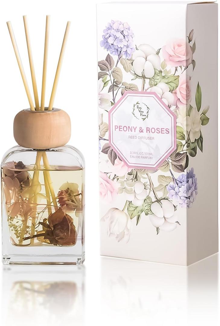 Reed Diffuser Set, 3.4 fl oz - Elegant Home Fragrance with 5 Sticks - Long-Lasting Scented Oil Diffuser for Bedroom, Bathroom Shelf Decor & Living Room (Peony & Roses)