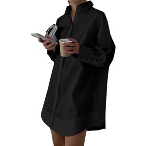 LYANER Women's Casual Shirt Dress Collar V Neck Button Down Loose Long Sleeve Mini Dresses, XL