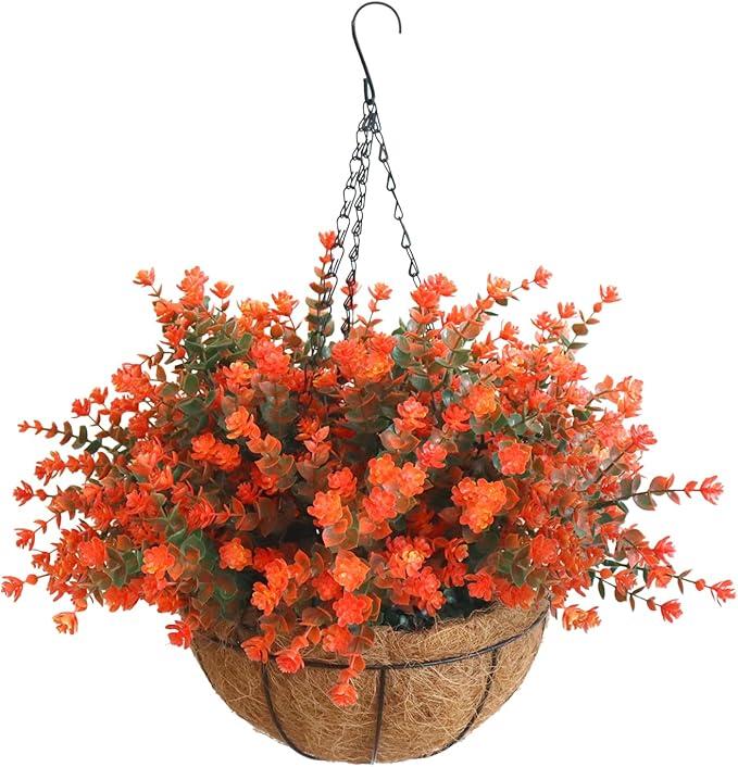 BCBLF Artificial Hanging Flowers Basket, 12 UVResistant Bundles of Realistic Fake Flowers, Faux Plants for Outdoor Decor, Home, Garden, Porch, Patio, Spring & Summer Decorations, Blue