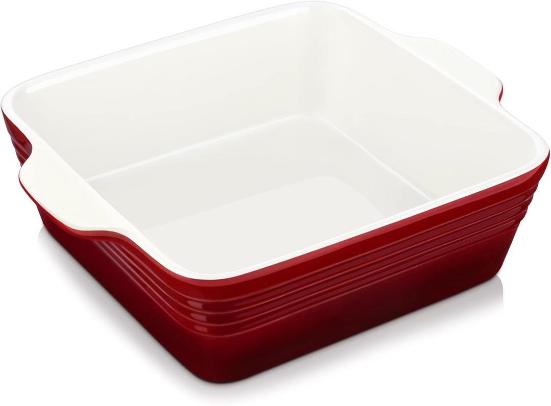 LOVECASA 8x8 inch Baking Pan, 2 Quart Square Cake Pan Baking Dish for Oven, Stoneware Brownie Pan NonStick, Casserole Baking Pan with Handle,Ceramic Bread Pans for Baking, Red