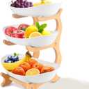 RETON 3 Tier Fruit Bowl for Kitchen Countertop, Plastic Fruit Basket Rack with Bamboo Wood Stand for Tiered Vegetable Storage Tray, Salad Cake Snack Dessert Party (White)