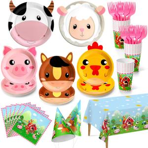 Farm Animal Party Plates Set, Serve 24 Cute Animal Shaped Disposable Party Plates and Napkins, Cups, Tablecloth, Forks, Hats, Party Supplies for Kids Birthday Decorations, Baby Shower