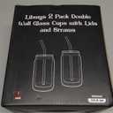 LIBWYS 12oz Double Wall Drinking Glass Cups with Bamboo Lids and Straws, 2 Pc Set  Condensation Resistant Insulated Glass Can Tumblers for Cold Drinks, Iced Coffee, Tea, Juice, Cleaning Brush