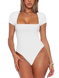 REORIA Womens Fashion Sexy Square Neck Double Lined Fitted Shirts Stretchy Short Sleeve Slimming Going Out Thong Bodysuit Tops White Large
