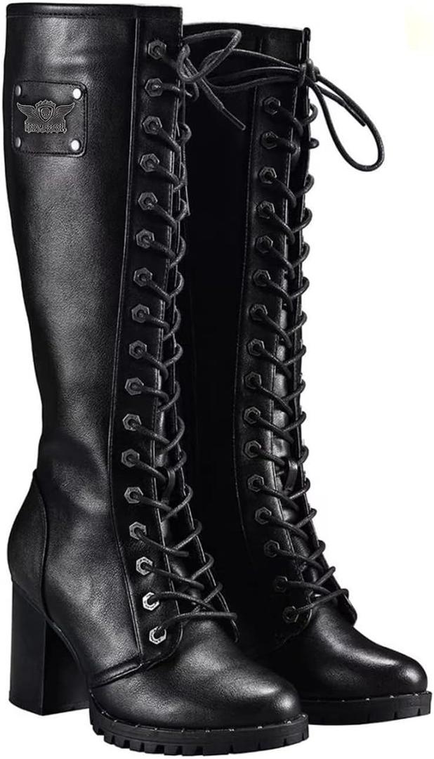 GARGOYLE BELLS Women's Knee High Boots Ladies Lace Up Motorcycle Boots with Zipper Soft Thigh High Riding Boots For Women, Size 9