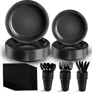 Boocikey Black Plastic Plates, 25 Guest Disposable Dinnerware Set for New Year, Black Party Supplies, Includes 25 Dinner Plates, 25 Dessert plates, 25 plastic Cutlery, 25 Napkins and 25 12 oz Cups