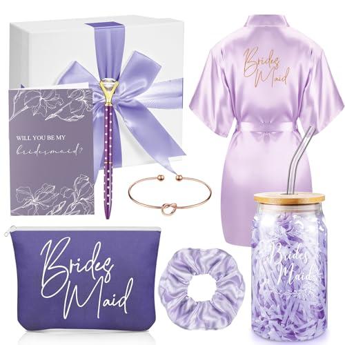 Irenare Bridesmaid Proposal Gifts Set Robes Makeup Bag Cup Cards Hair Tie Bracelet Diamond Pen Bridesmaid Gift Box(Light Purple,8 Pcs)