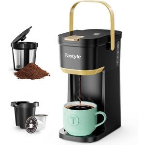 Tastyle Single Serve One Cup Coffee Maker, for K Cups and Grounds, Mini Coffee Maker with Portable Handle, 6 to 12 Oz Brew Size, for Travel, Camping, Office, RV and Dorm, 120V, Black and Gold