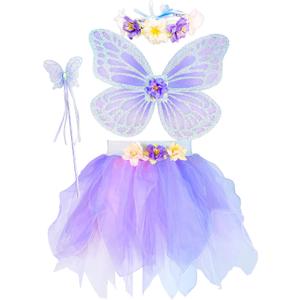 Girls Fairy Costume Set with Butterfly Wings Tutu Wand and Halo Headban (3-6 Years old, Light Purple)