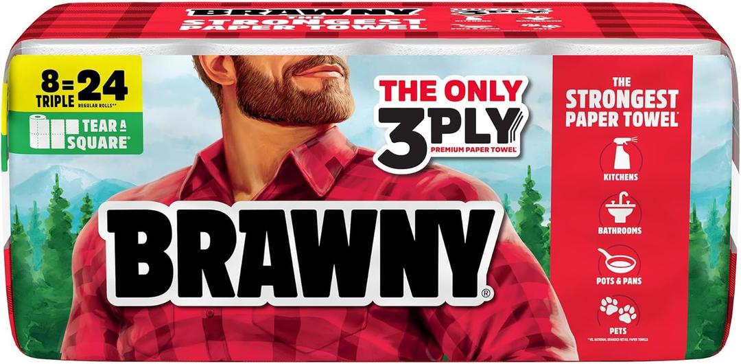 Brawny Tear-A-Square 3-Ply Paper Towels, 8 Triple Rolls = 24 Regular Rolls, Strong, Absorbent, and Durable with 3 Sheet Sizes (Quarter, Half, Full)