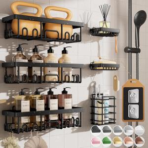Veken Rustproof & Waterproof Shower Caddy 6-Pack, No Drilling Adhesive Shelves Rack with Soap Holder, Large Capacity Bathroom Organizers and Storage, Wall-Mounted Kitchen & Home Decor (6-Piece Set (Rustproof Upgrade), Black)