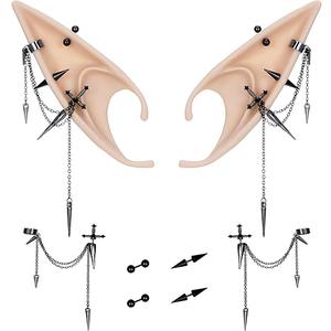 FRESHME 2 Pairs of Fairy Elf Ears with Sliver Piercings - Gothic Elf Ear Cuffs Skull Rose Cross Studs Sterling Earrings