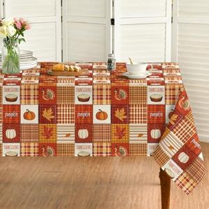 Horaldaily Orange Thanksgiving Tablecloth 52×70 Inch Rectangular, Fall Plaid Table Cloth, Turkey Pumpkin Maple Leaf Table Cover for Picnic Kitchen Dining Room Decor, Set of 2