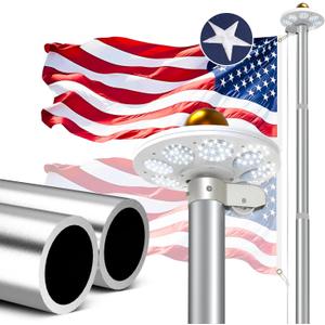 Flag Pole for Outside House 10 Gauge 120 MPH, Heavy Duty Flag Pole Kit Light Solar Powered, Flagpole Kit 3mm Thick for Outside House In Ground Use, 25FT Silver with One 3x5 FT Flag