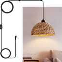 Plug in Pendant Light, 11.8" Boho Rattan Hanging Lights with On/Off Switch & Handmade Woven, Farmhouse Wicker Dome Pendant Light for Kitchen Island Dining Room Bedroom Hallway Foyer, Rattan C