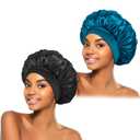 2Pcs Silk Bonnet for Sleeping, Satin Hair Bonnets, Soft Elastic Band Silk Sleep Cap, Hair Wrap for Women(Black Peacock Blue)