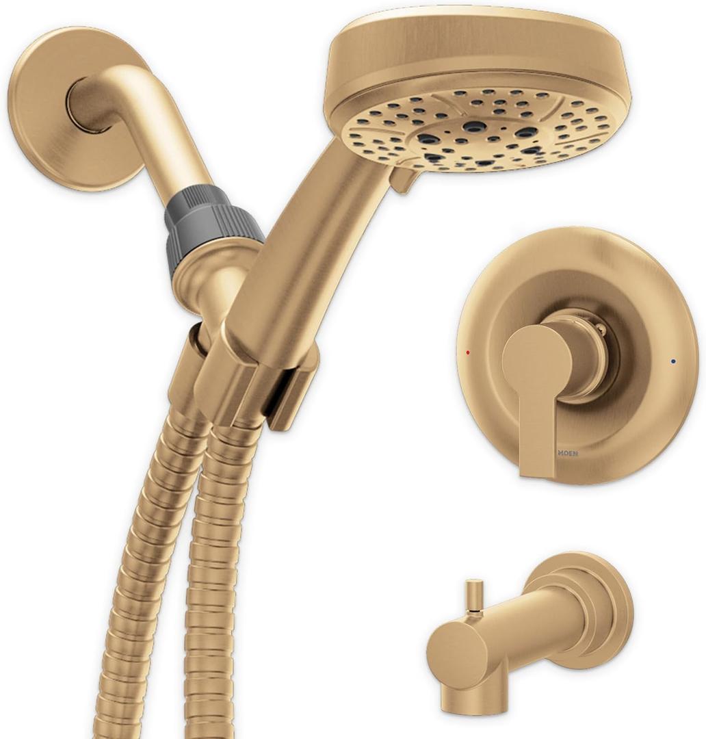 Moen Meena Bronzed Gold Single Handle Modern Shower Faucet with Handshower and Tub Spout for Bathtub, Valve Included, 82618BZG