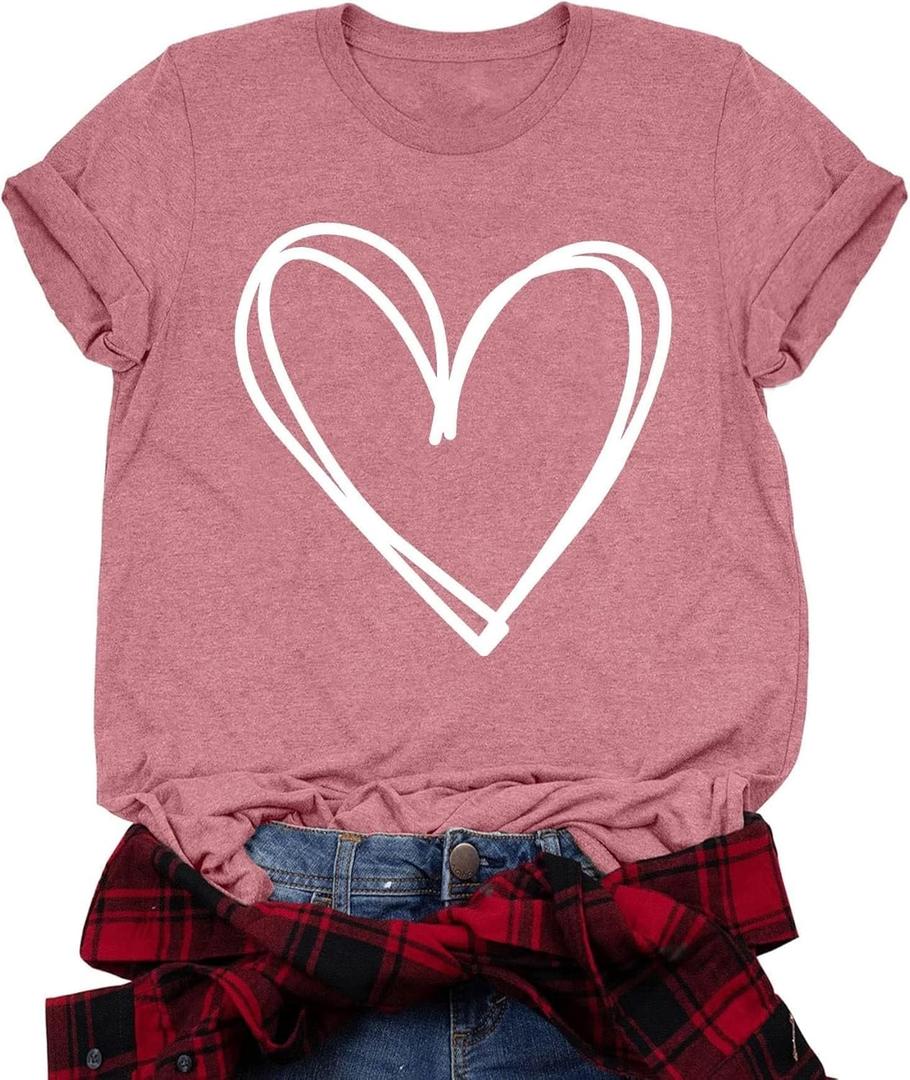 LAZYCHILD Valentines Shirts for Women: Cute Love Heart Shirt Valentine T Shirt Red Short Sleeve Casual Hearts Tops (Medium, Pink)