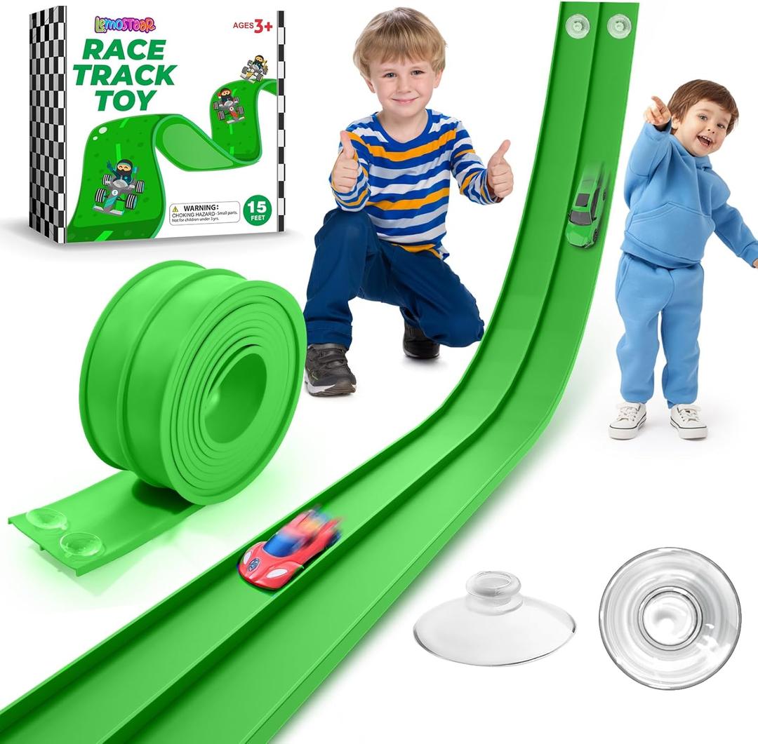 Flexible Race Car Track 15 Ft Starter Set with Suction Cups Compatible with and Diecast 1/64th Car for Ages 3 & Up Classic Green Double Track Long Rolls Up Portable Racetrack Birthday Gifts