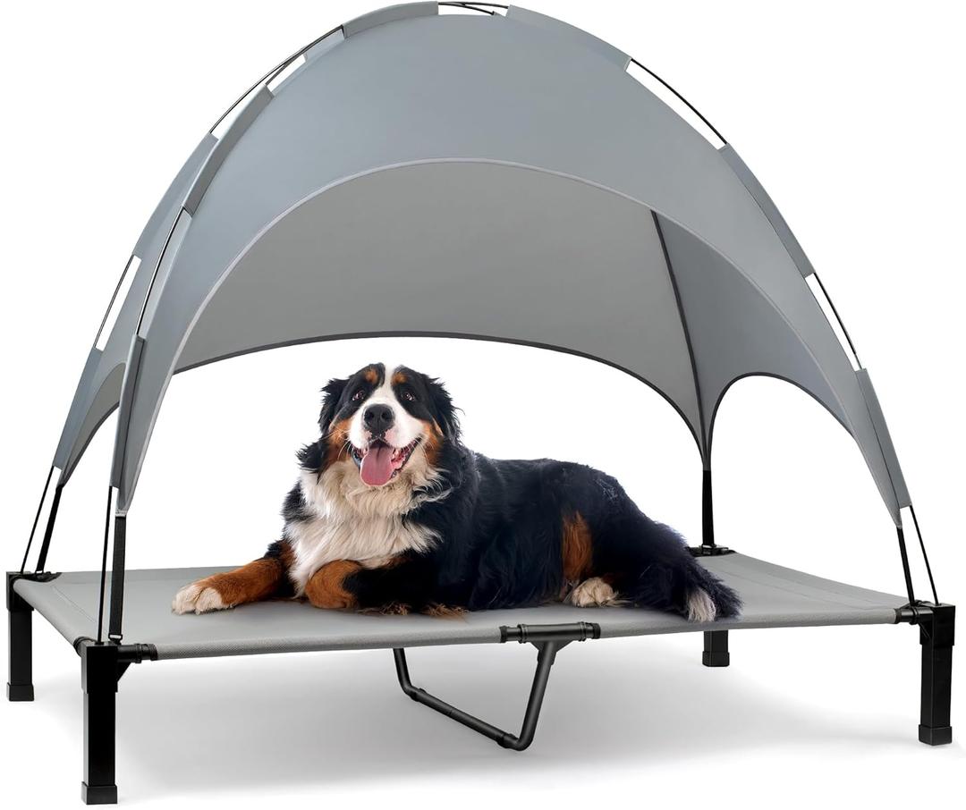 Heeyoo Elevated Dog Bed with Canopy, Portable Dog Cot with Removable Shade Tent, Outdoor Raised Pet Cot Cooling Bed for Dogs (58"L x 36"W x 9.5"H, Grey)