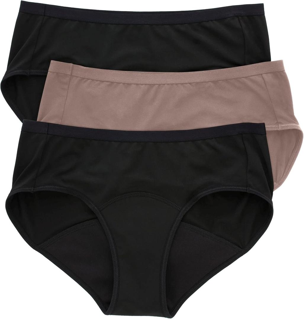 Hanes Comfort, Women's Period Underwear, Moderate Leaks Protection, Washable Hipster Panties, 3-Pack (9, Warm Steel, Peppercorn Grey, Black)