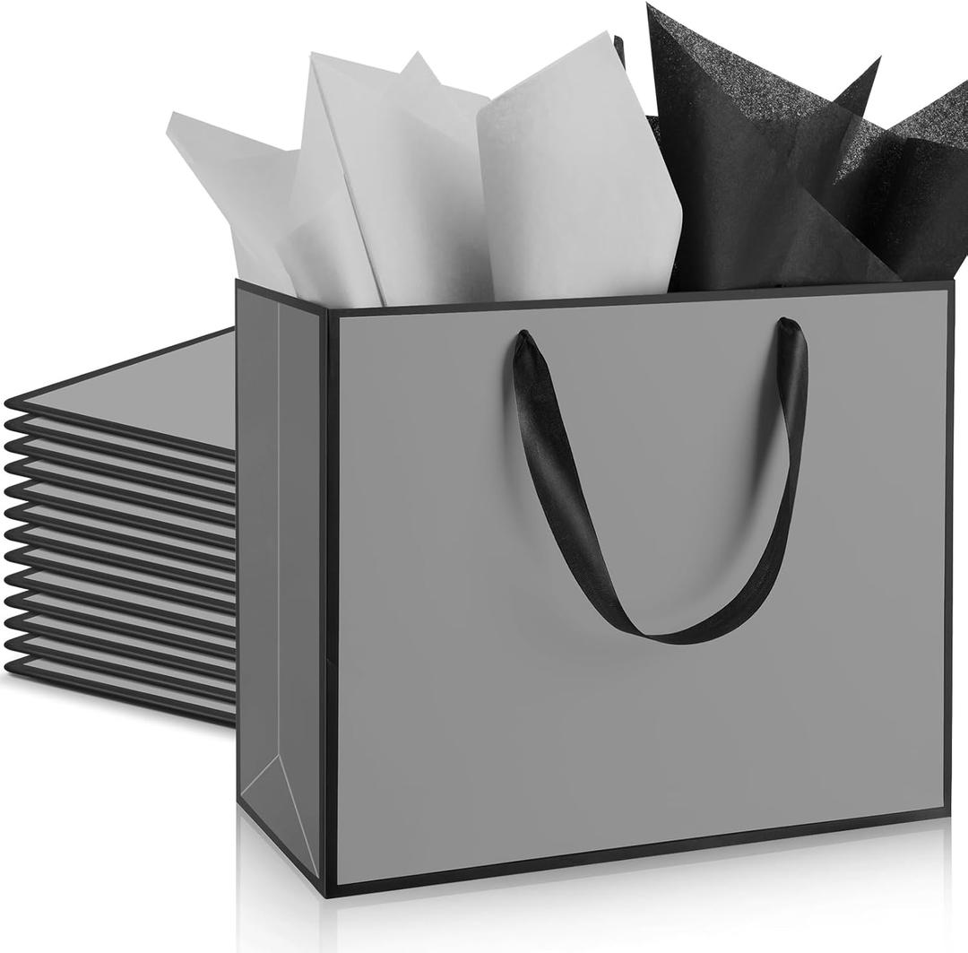 ReliThick 12 Pack 12 Pack Metallic Paper Gift Bag with Handles and Tissue Paper 11.8 x 10 x 4'' Thank You Favor Bag for Wedding Bridesmaid Groomsmen 5 Senses Birthday Gifts (Gray,Black)