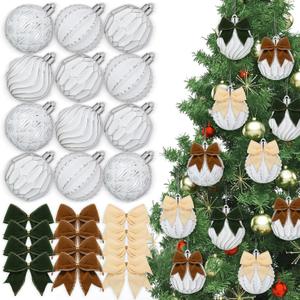 32 Pcs 2.36" Silver and White Christmas Ball Ornaments Set Mini Velvet Bow Vintage Rustic Shatterproof Xmas Hanging Ornaments for Xmas Tree Holiday Party Decor