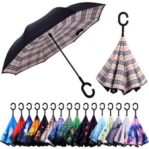 Inverted Reverse Umbrella with C-shaped Handle Windproof Upside Down Umbrellas for Rain Double Layer Hands Free Umbrella for Women and Men (Yellow Plaid)