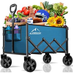 Collapsible Folding Wagon Cart, 350LBS Utility Large Capacity Cart Foldable Wagon with All Terrain Wheels, Grocery Wagons Carts for Garden Shopping Sports Camping, Blue (100L)