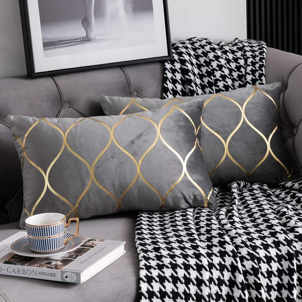 DEZENE Gold Velvet Throw Pillow Covers: 2 Pack 12x20 Inch Rectangular Decorative Pillow Cases for Bedroom Sofa Couch Living Room, Light Grey