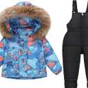 Coedody Toddler Boy Snow Suit Kid Winter Snowsuit Outfits Artificial Fur Hooded Jacket & Kids Snow Bibs Pants 2-6T (5-6 Years, Blue)