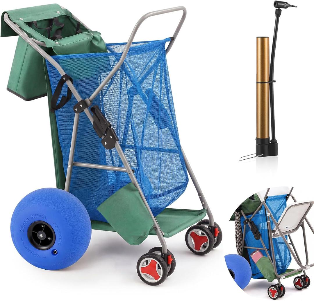 DoubleFill Foldable Beach Cart with 12 Inch Balloon Wheels for Sand, 100 lb Capacity Beach Wagon with Aluminum Frame, Removable Tote, Folding Sand Cart for Gear, Fishing, Camping(Blue Green,Classic)