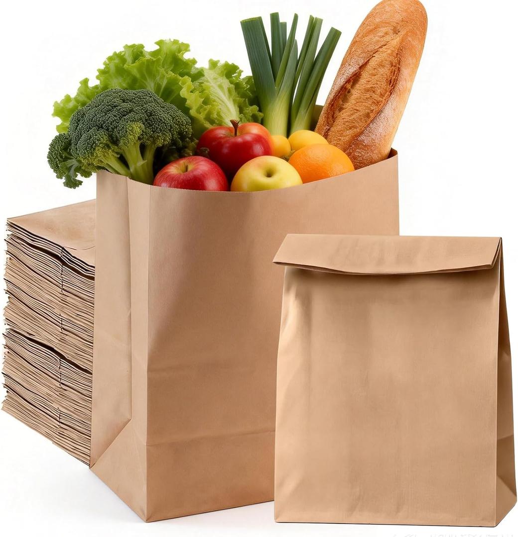Brown Paper Bags Bulk 100 Pack, 9.8 x 5.5 x 13",16lb Medium Kraft Shopping Bags for Business, Retail Store Supplies, Restaurant Takeout, Gift Merchandise Packaging, Recyclable Grocery Bags