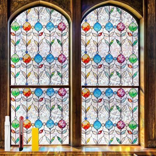 Countewol Rainbow Privacy Window Film Stained Glass Style Adhesive-Free Residue-Free Reusable Easy to Install with Tools (Rainbow StainFlair, 23.6 X 78.7 in)