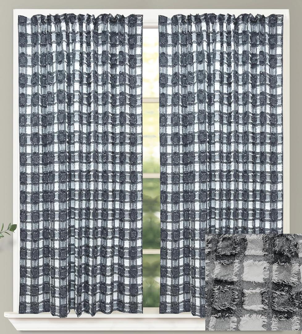 GOHD Fashion Plaids Boho Window Curtains Pattern Clipped Yarn Farmhouse 2 Panels Set for Bathroom/Bedroom/Living Room Vintage Chic Textured Drapes(63in,Black and White)