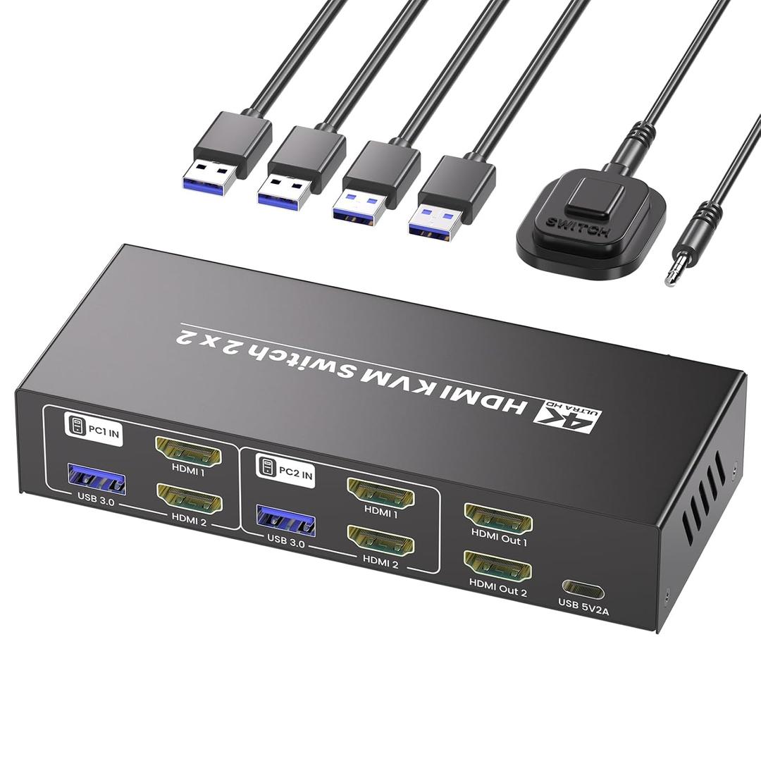 HDMI KVM Switch 2 Monitors 2 Computers, USB 3.0 4K60Hz Dual Monitor KVM Switch for 2 PC Share 2 Monitors and 1 Set of Keyboard Mouse and 4 USB Devices