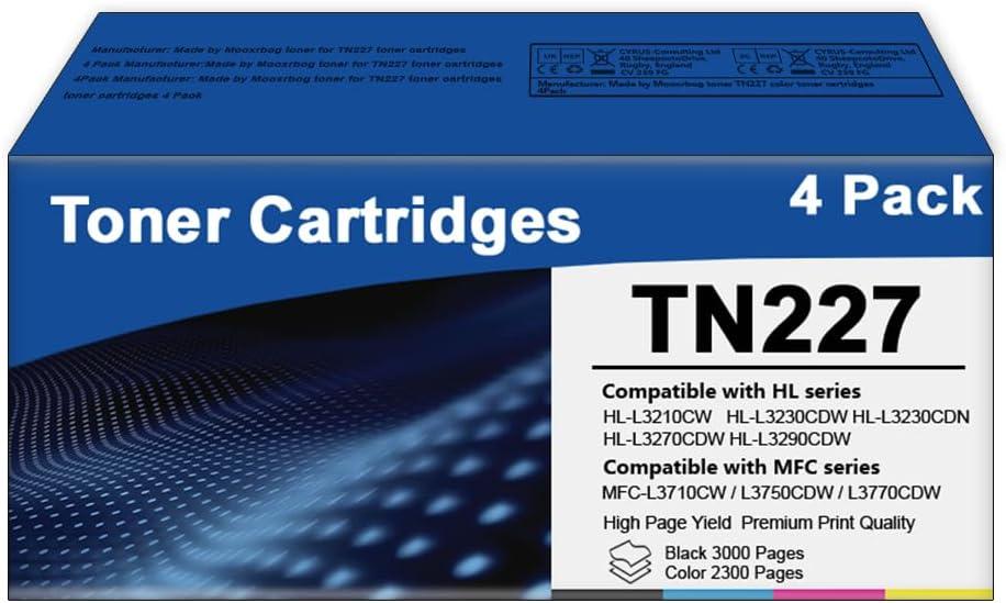TN227 TN-227BK/C/M/Y High Yield Toner cartridges 4 Pack Replacement for TN 227 TN-227 TN227 to use with HL-L3210CW HL-L3230CDW HL-L3270CDW HL-L3290CDW MFC-L3710CW Printer (4 Pack)
