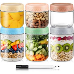 DRKIO 10 & 16 Oz Overnight Oats Containers with Lids - 6 Pack Glass Storage Jars with Airtight Lids Wide Mouth Mason Food Jars Great for Meal Prep Salad Chia Puddirg Snacks Yogurt Sugar Spice Cereal