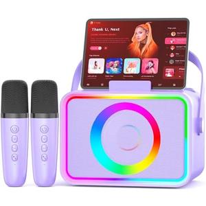 Karaoke Machine,Portable Bluetooth Speaker with 2 Wireless Microphone for Adults & Kids with LED Lights, Karaoke Microphone with PA System Supports USB/TF/AUX,Gift for Party (Purple) Karaoke Machine,Portable Bluetooth Speaker with 2 Wireless Microphone for Adults & Kids with LED Lights, Karaoke Microphone with PA System Supports USB/TF/AUX,Gift for Party (Purple)