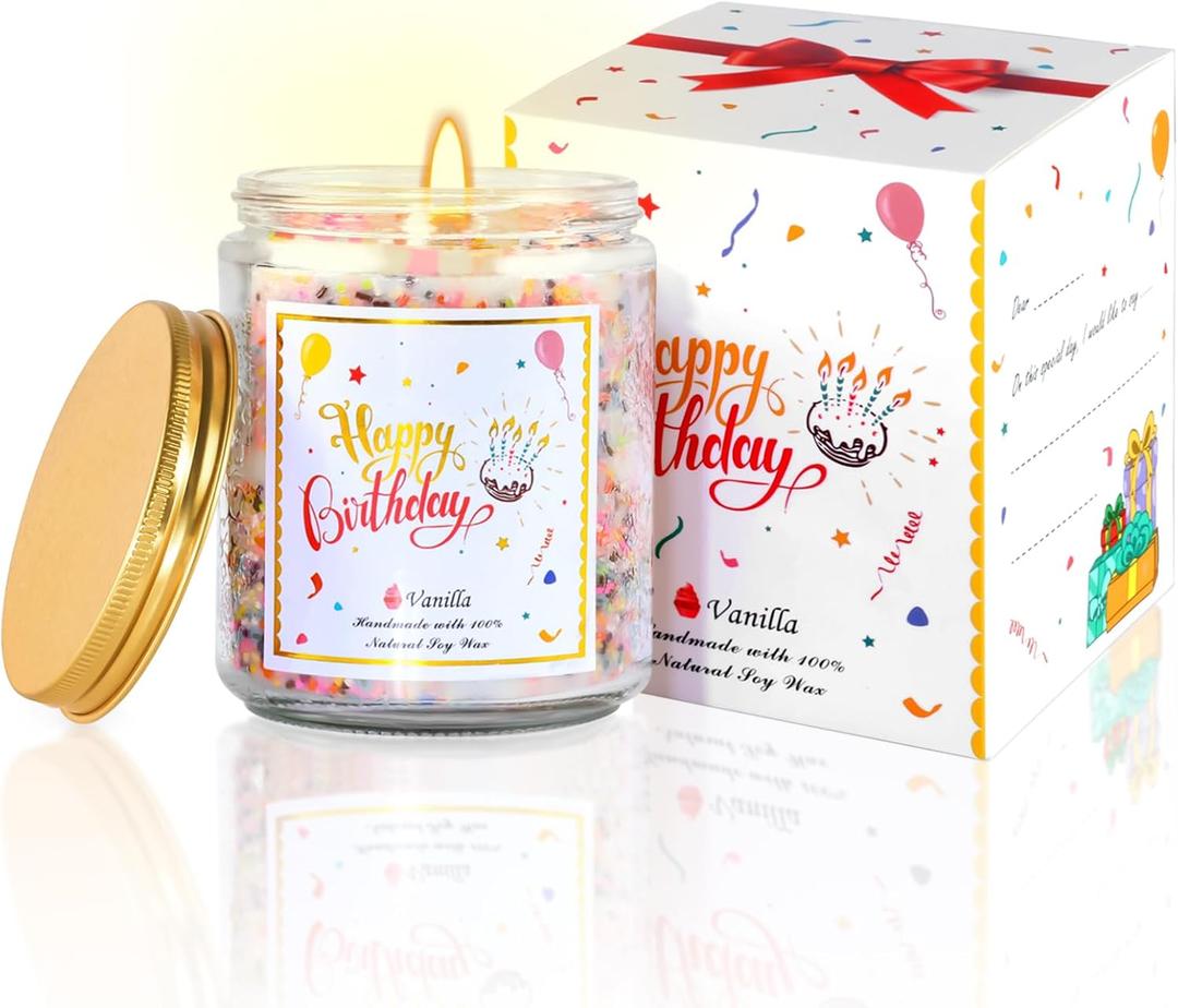 Happy Birthday Candle - Natural Soy Wax Scented Candle with Vanilla Birthday Cake Scent, Unique Gift Ideas for Men Women Best Friend