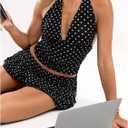 Women's Y2K Polka Dots Backless Halter Tops Sleeveless Ruched Fitted Low Cut Crop Top (Black, S)