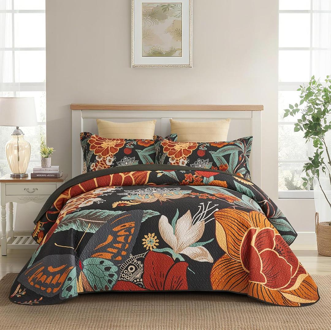 3 Piece Black Boho Floral Full/Queen Quilt Sets Reversible Farmhouse Botanical Lightweight Bedspread Coverlet with 2 Shams Butterfly Microfiber Bedding Quilts Set for All Season, 90''x96''