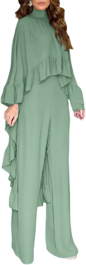 CHICME 2 Pieces Outfits for Women 2025 High-Low Ruffles Hem Cape Top and Casual Wide Leg Pants Matching Sets Fall Vacation Travel Outfits Green-XL